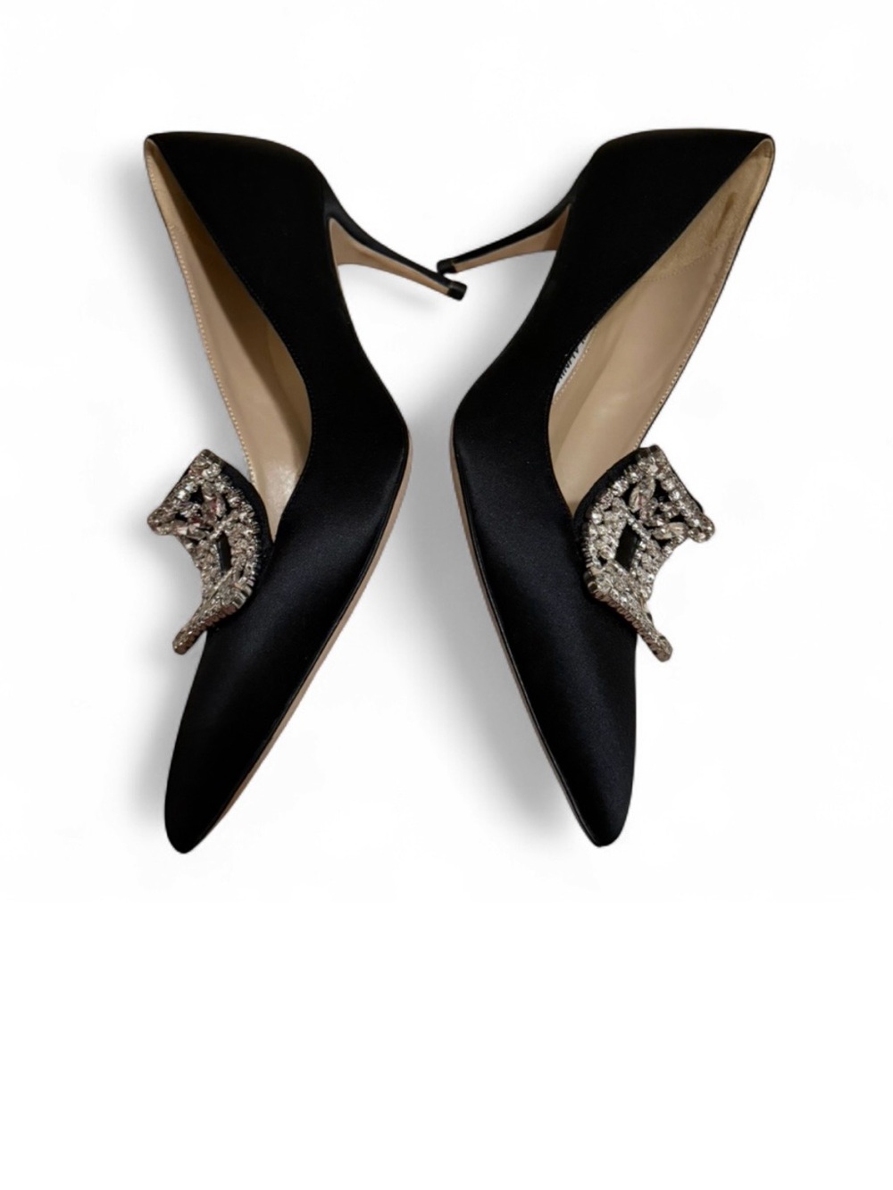Manolo Blahnik Black Satin Pointed Flats with Crystal Square Buckle